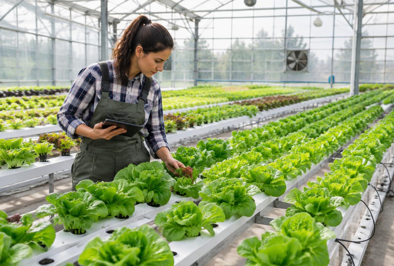 A grower checking hydroponic lettuce in a glass greenhouse while holding a tablet