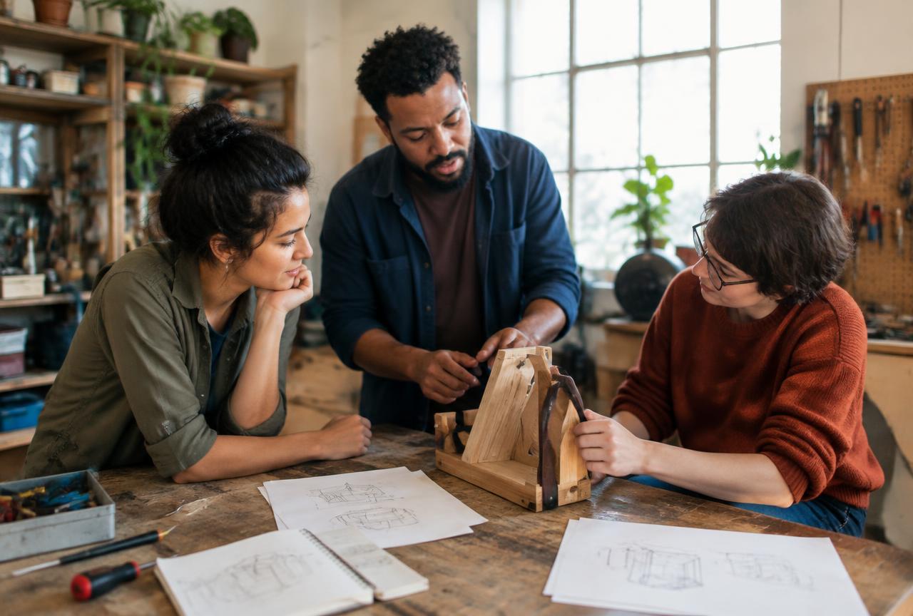 Three entrepreneurs discussing a wooden product prototype and sketches in a workshop