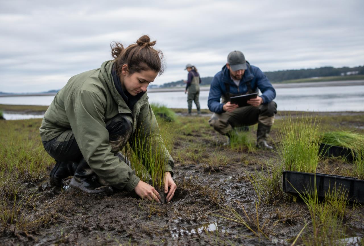 Field workers planting native grasses in a coastal wetland and recording data