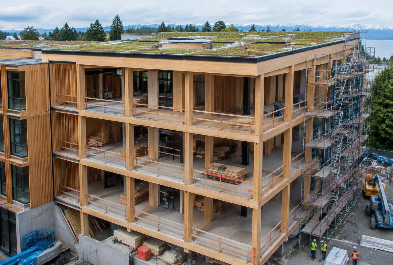 A multi-storey mass timber building under construction with a planted green roof