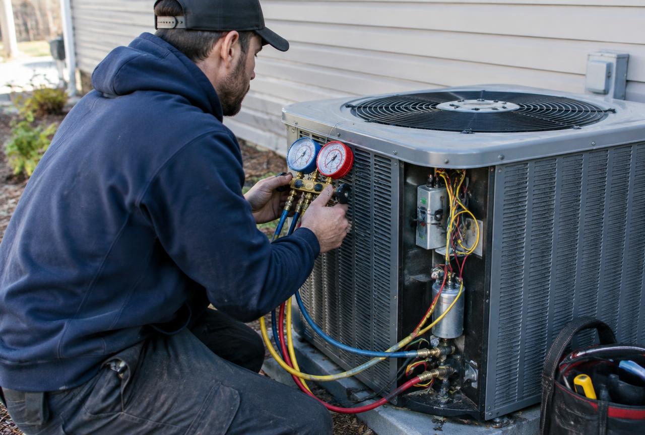 An HVAC technician connecting pressure gauges to an outdoor heat pump unit