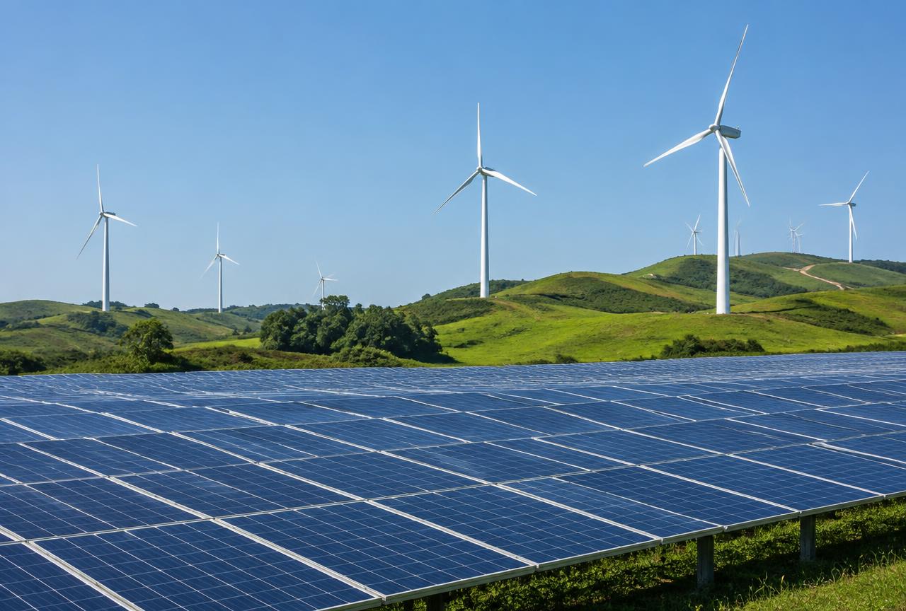 Rows of solar panels in a field with wind turbines on green hills behind them