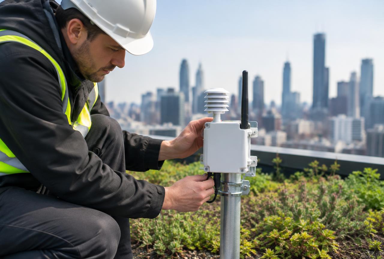 A technician installing an environmental sensor with an antenna on a green rooftop above a city