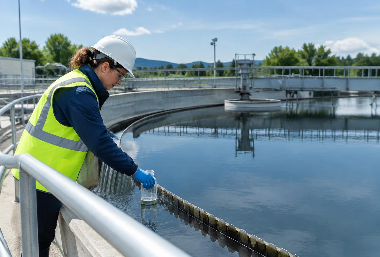 A water treatment operator in a hard hat collecting a sample at a clarifier tank