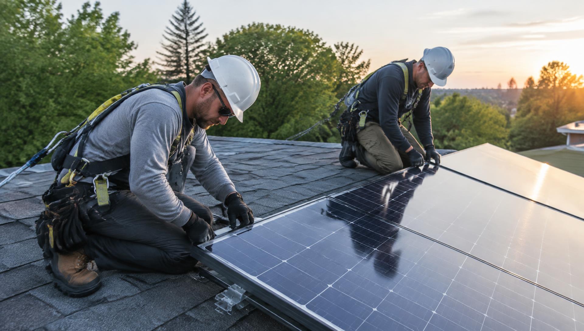 Two technicians in hard hats installing solar panels on a residential rooftop