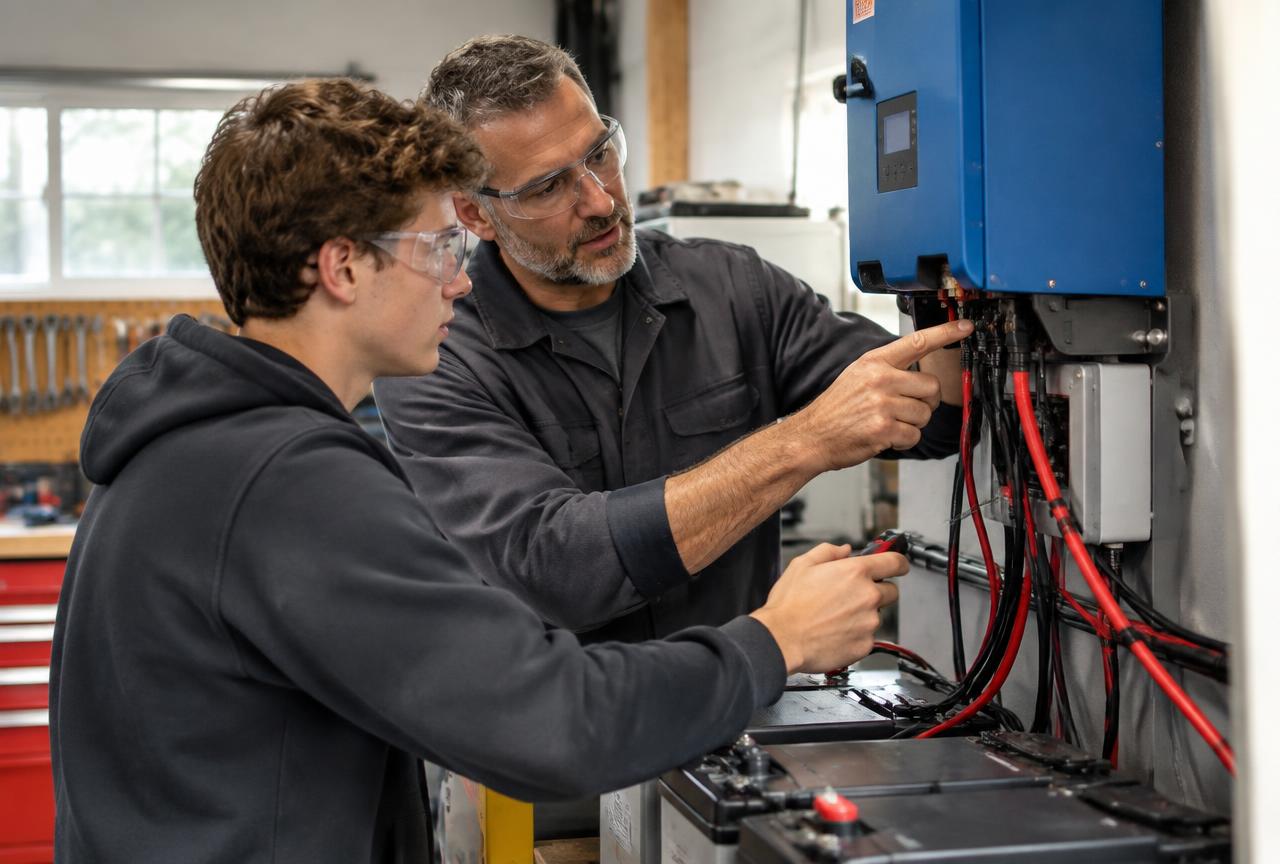 A mentor showing an apprentice how to wire a solar battery inverter